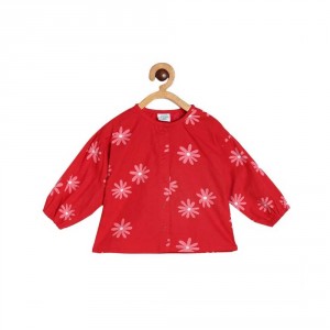 Miniklub Girls Flower Printed Full Sleeve Cotton Top _ Red - 3-6m